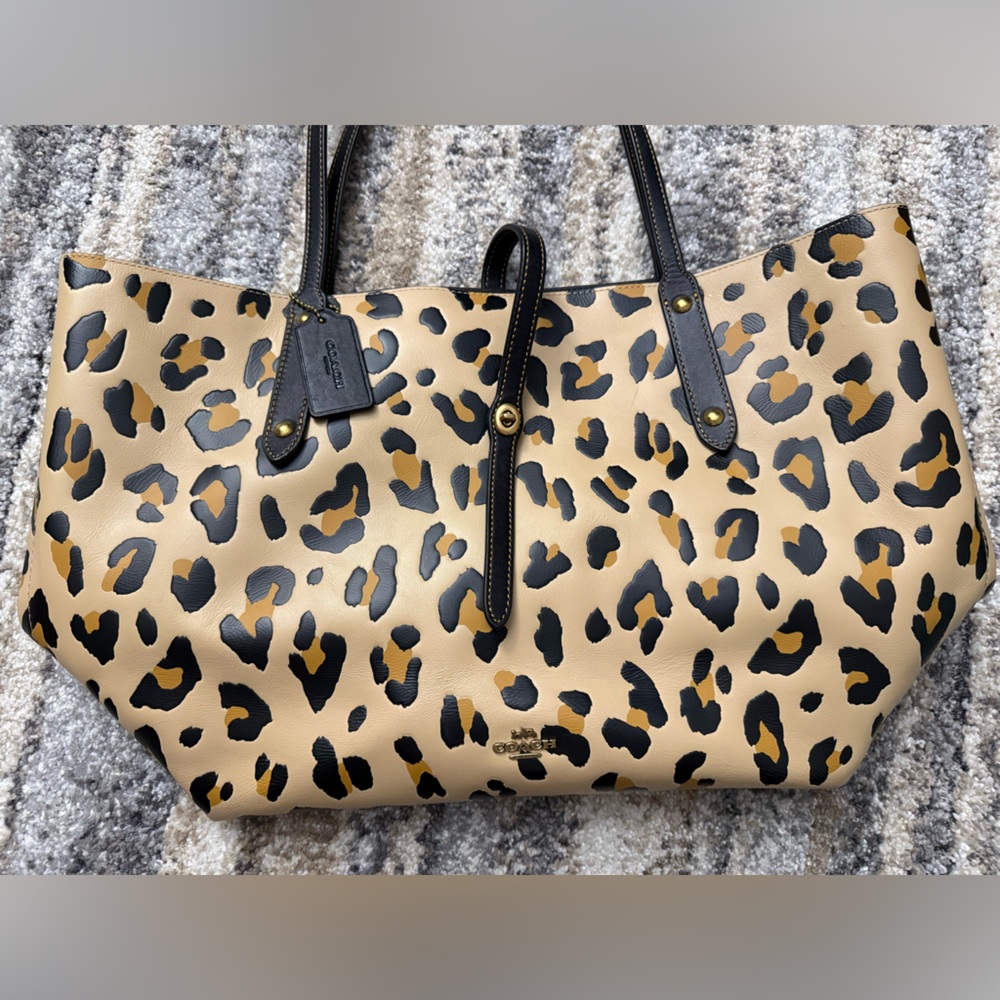 Coach Leopard-Print Tote in Tan and Black with Gold Hardware - Picture 3 of 10